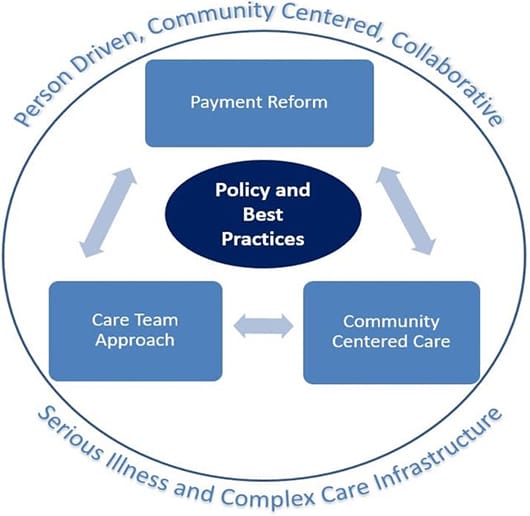 Diagram showing best practices for serious illness and complex care infrastructure. Payment reform, community centered care and care team approach are in a center circle.