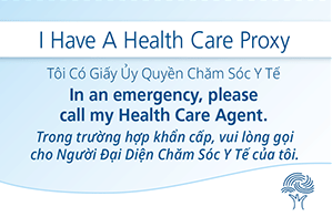 Cover of the wallet card saying I have a health care proxy with Vietnamese translation.